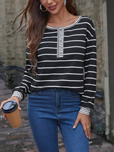 Striped Print Half Button Drop Shoulder Tee